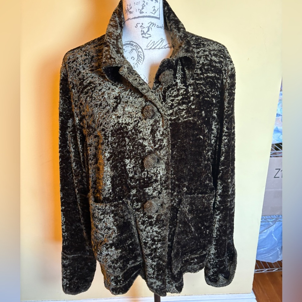 An Ren New York Crushed Velvet Button Front Jacket Plush Textured Short Coat